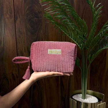 Custom Name Velvet Cosmetic Pouch – Personalized Makeup Bag with Tassel – Quilted Velvet Toiletry Bag – Monogram Gift for Her